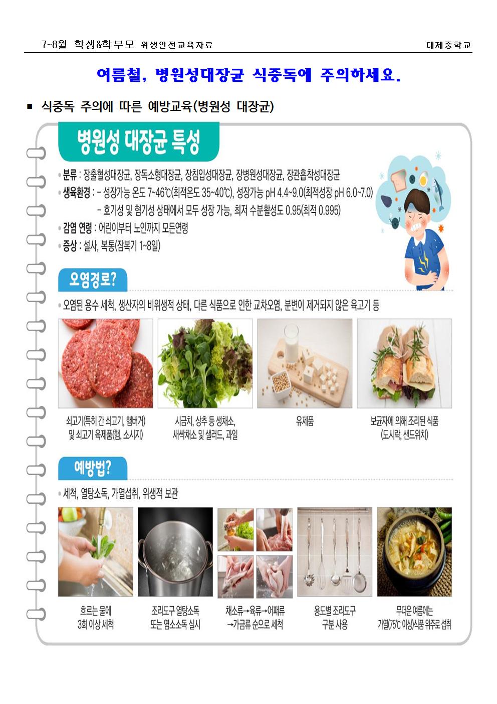 [가정통신문] 7~8월 학생&학부모(위생) 식중독예방 6가지 실천수칙(병원성대장균)001