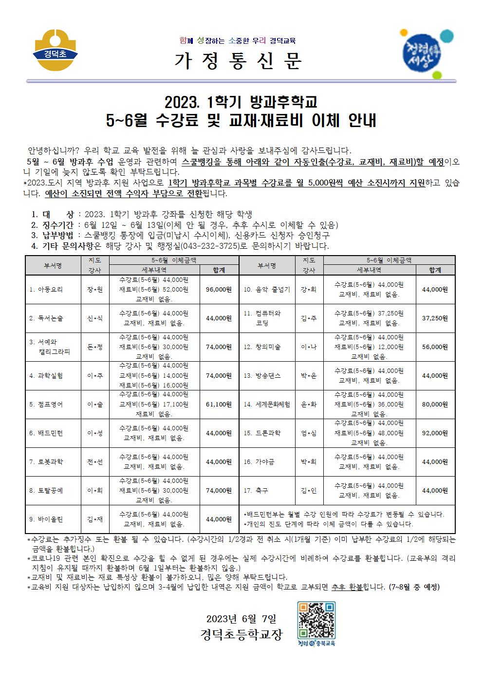 2023. 방과후학교 5~6월 수강료 및 교재,재료비 이체 안내문001