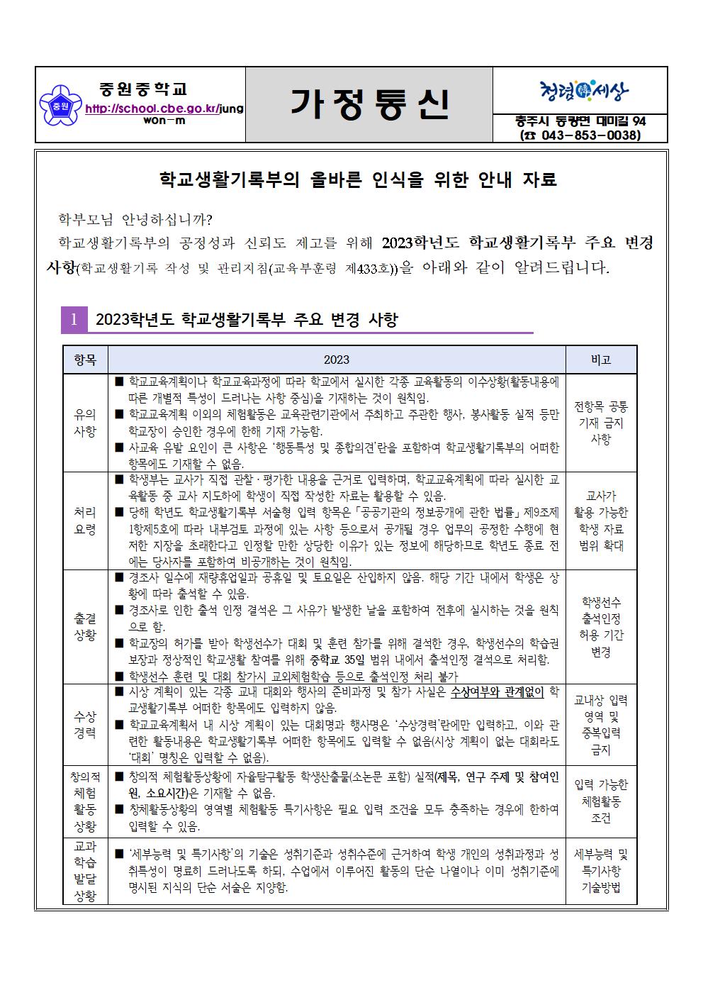 학교생활기록부 안내 가정통신문001
