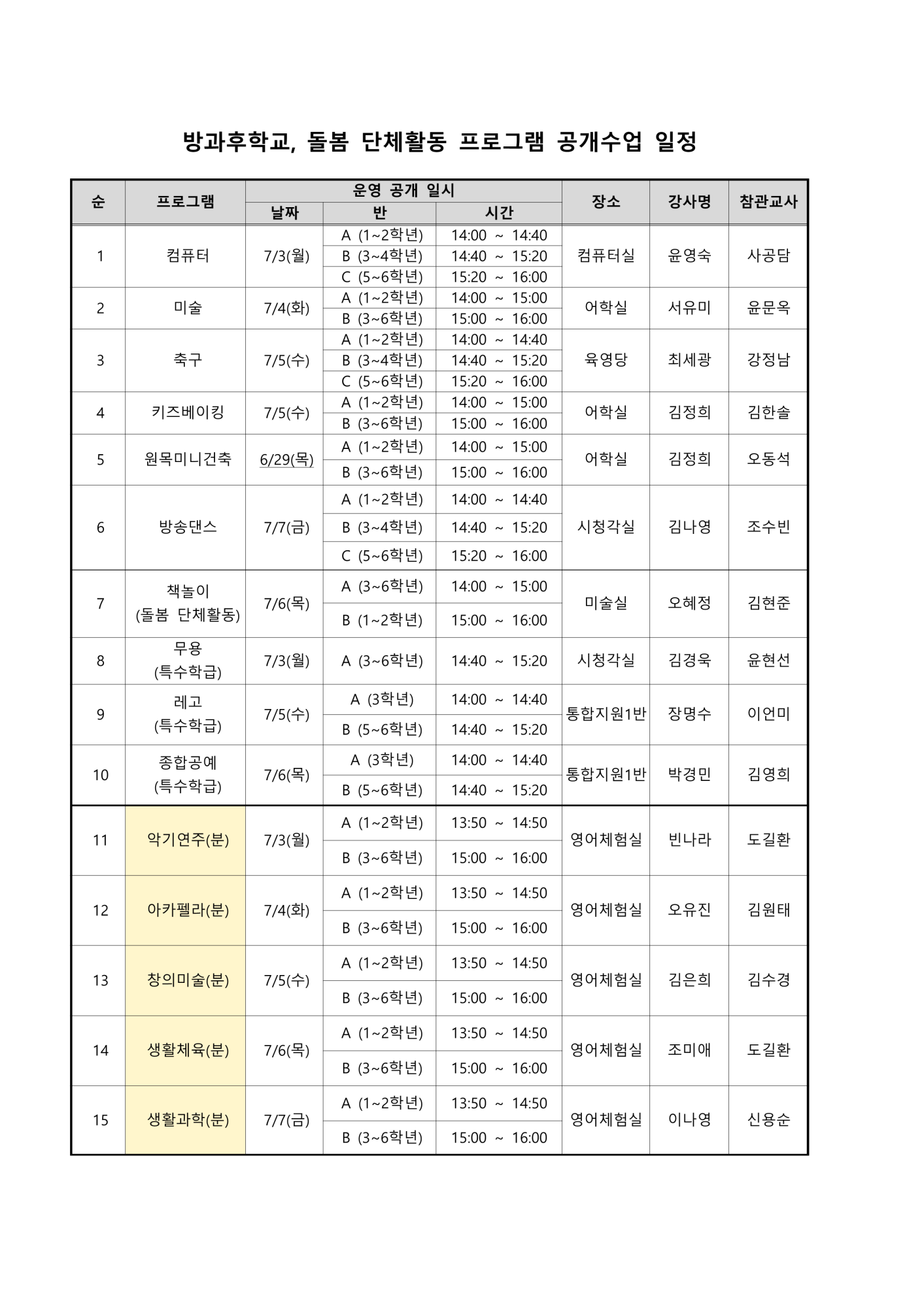 2023. 1학기 방과후학교, 돌봄 단체활동 프로그램 운영 공개 가정통신문_2