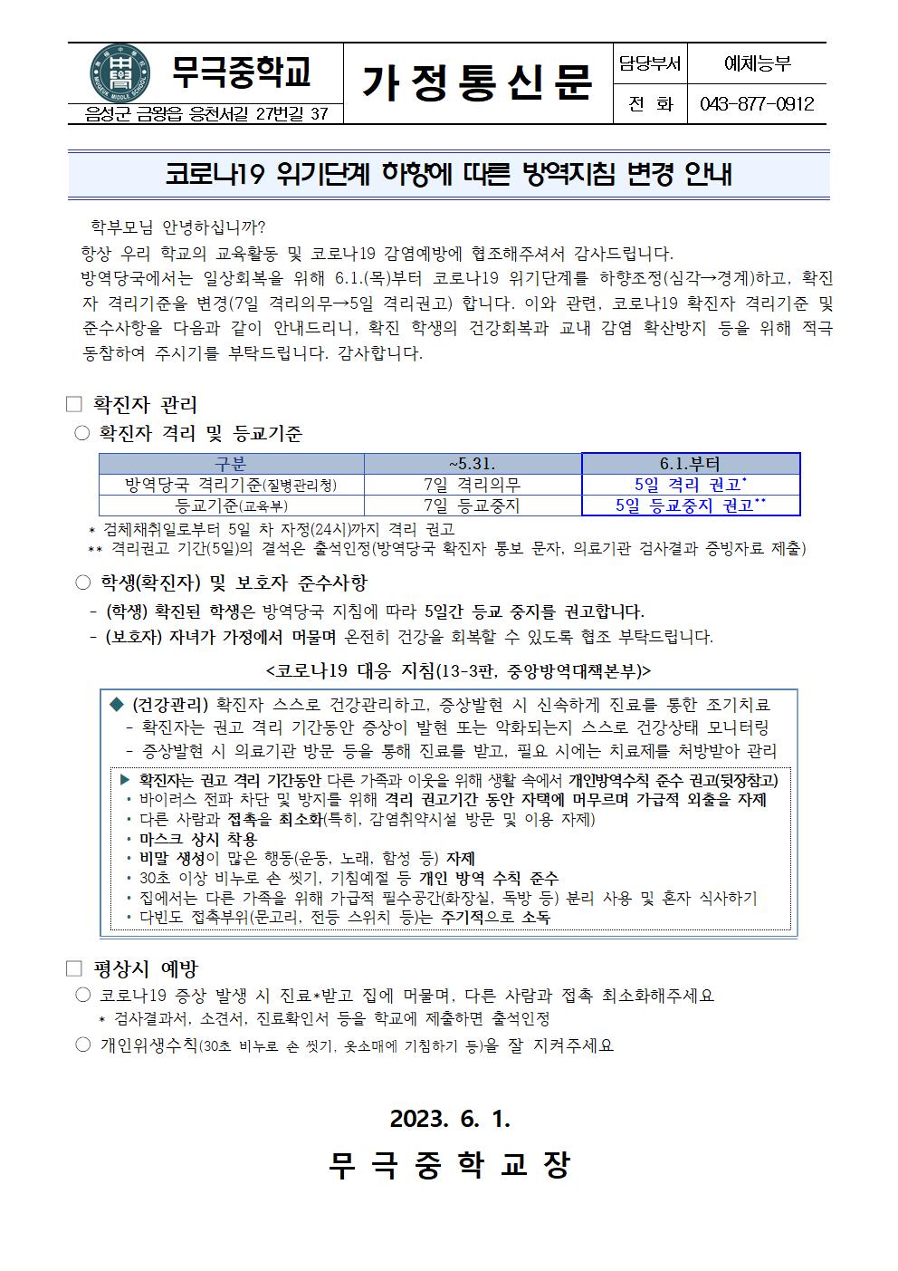 가정통신문_코로나19 위기단계 하향에 따른 방역지침 변경 안내001