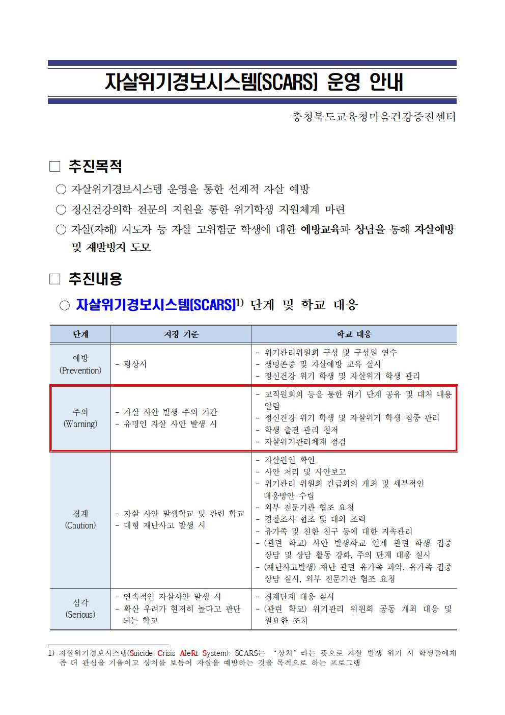 충청북도교육청 인성시민과_자살위기경보시스템(SCARS) 운영 안내001