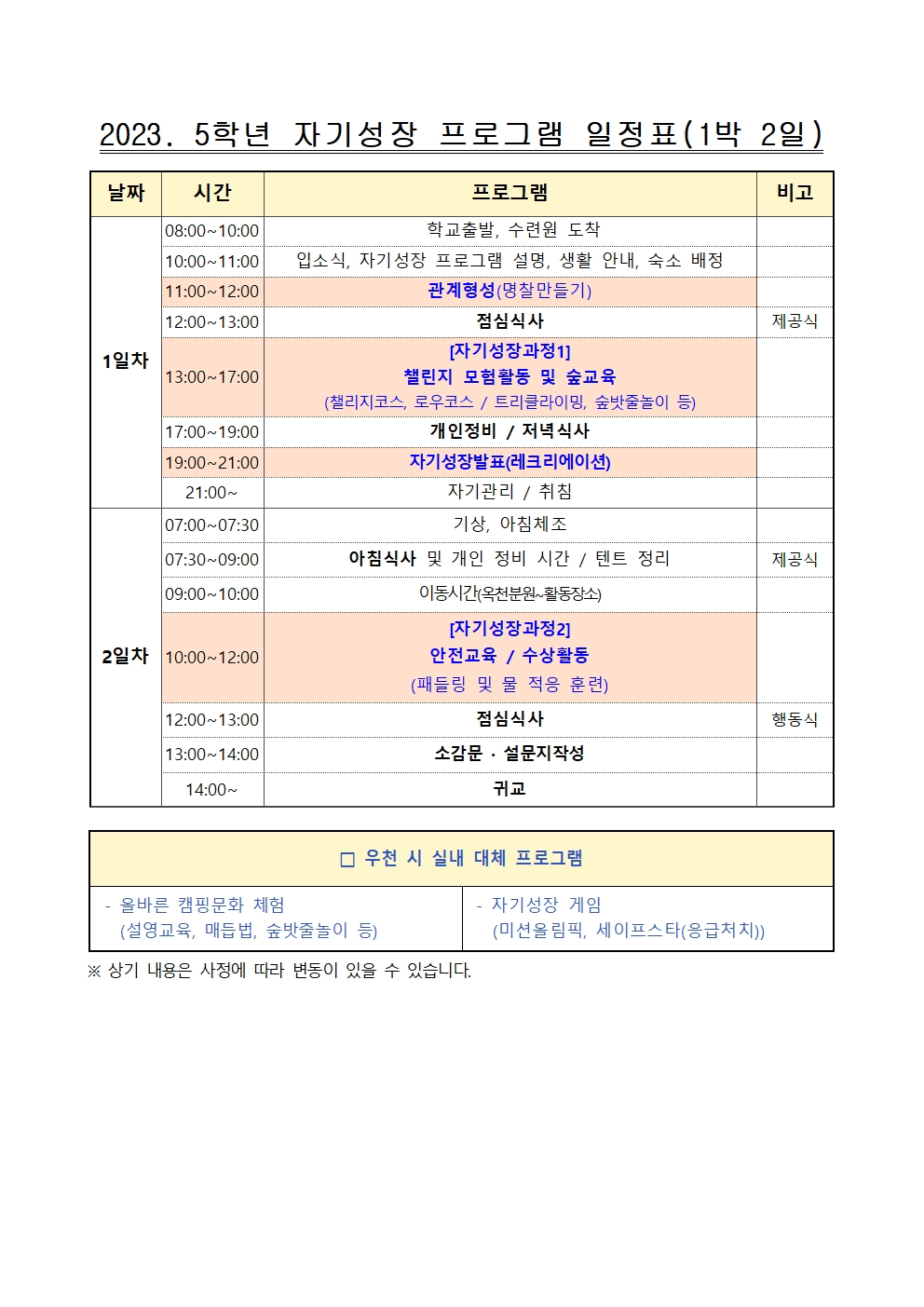 2023학년도 5학년 자기성장 프로그램 참가 신청 안내 가정통신문002