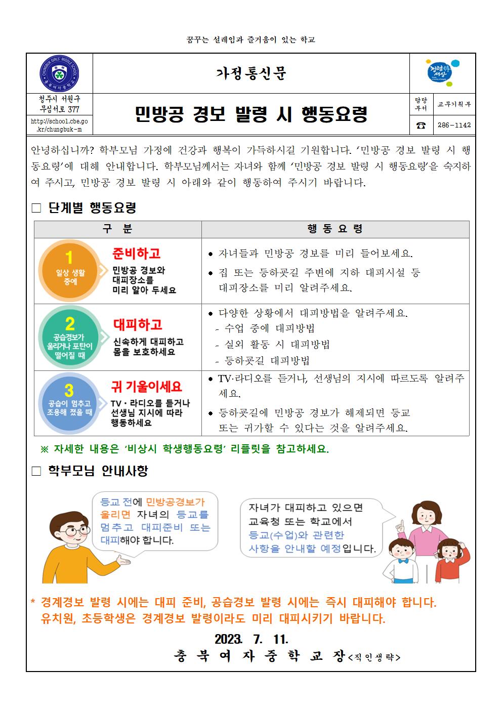 민방공 경보 발령 시 행동요령 가정통신문001