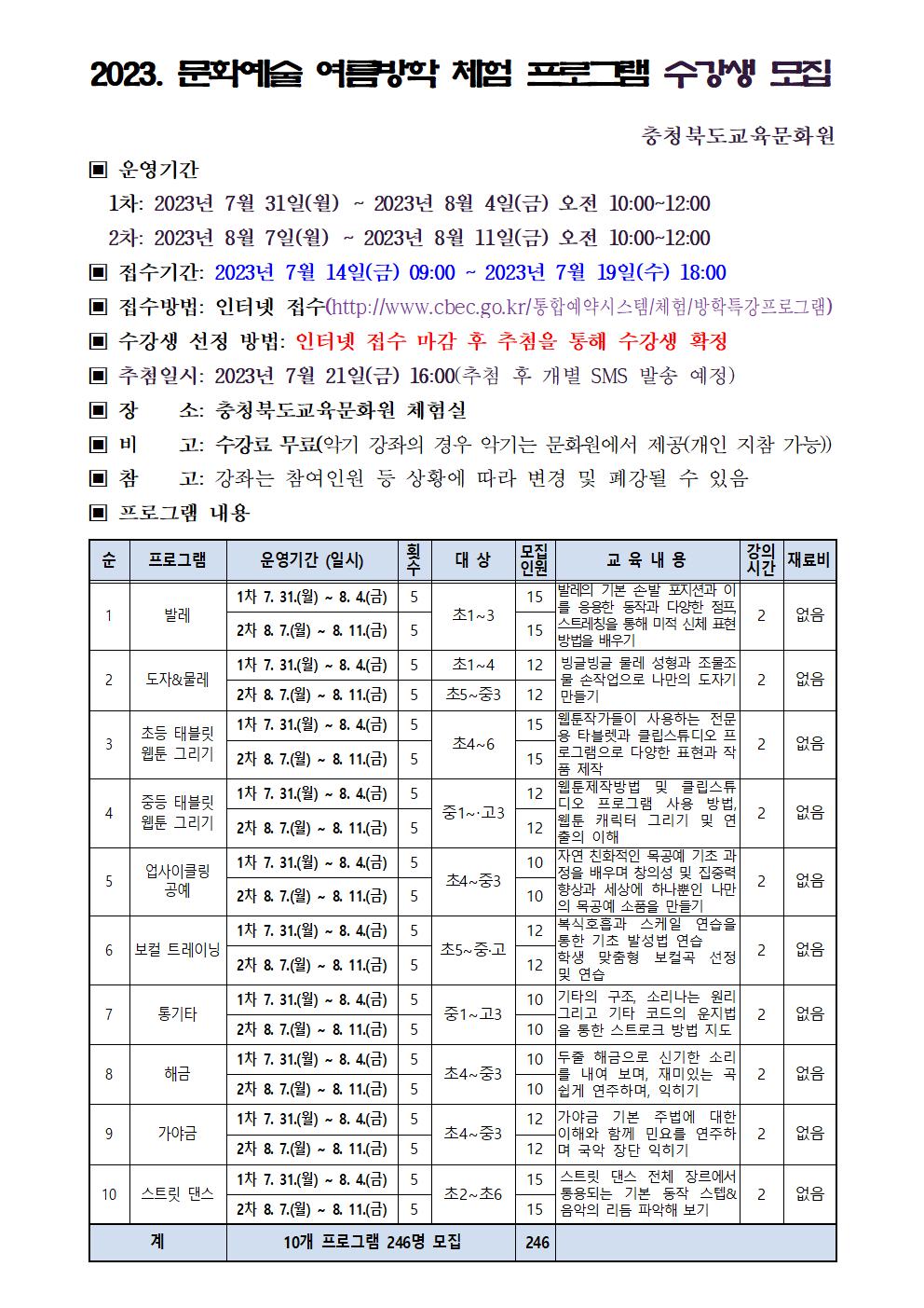 2023년 문화예술 여름방학 체험 프로그램 모집 안내문001