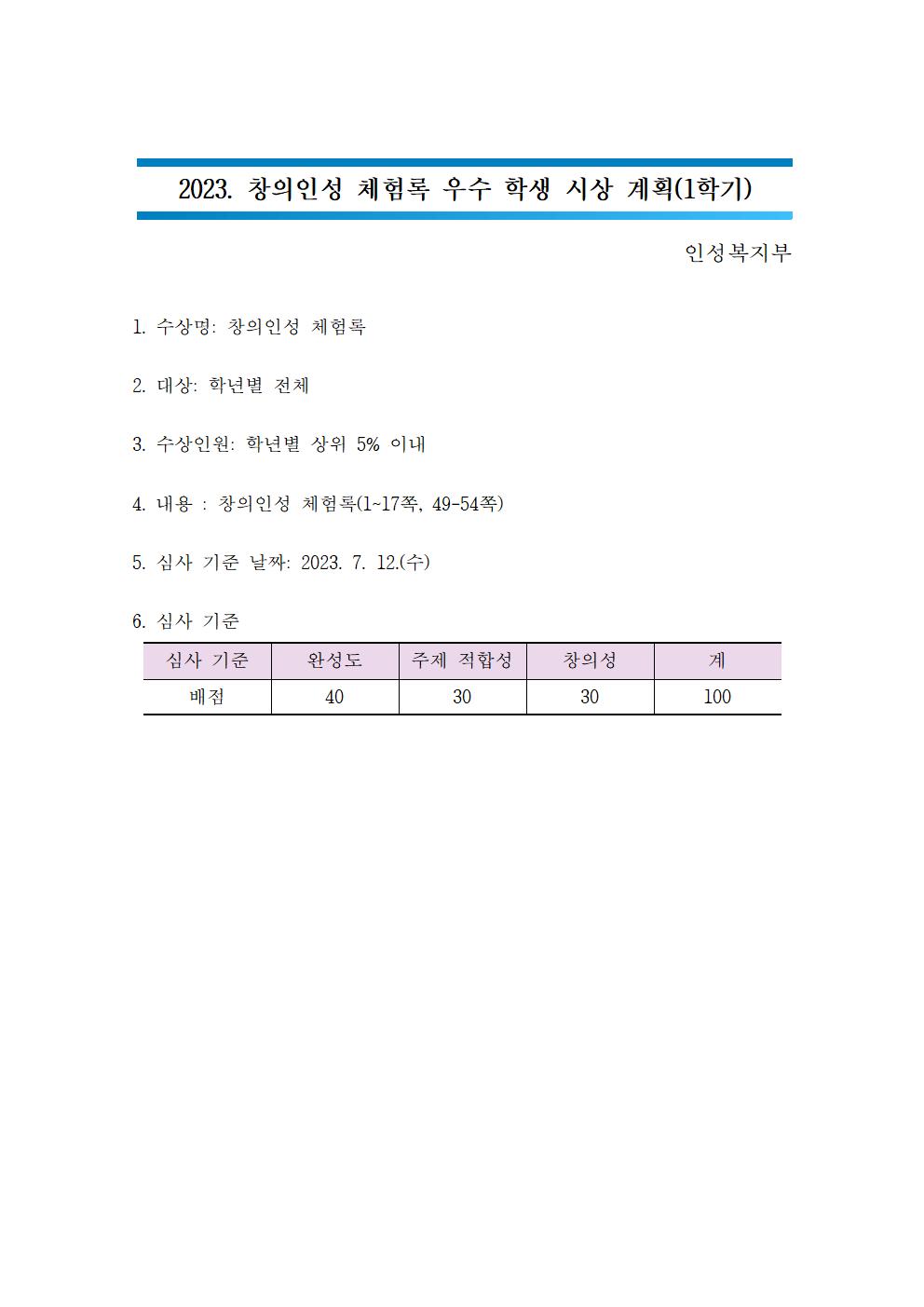 2023. 창의인성 체험록 우수 학생 시상 계획(1학기)001