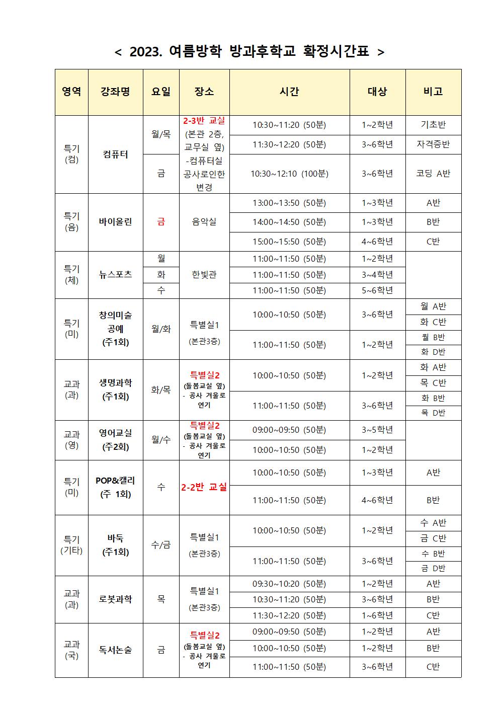 2023. 여름방학 방과후학교 확정 시간표(동명초)001