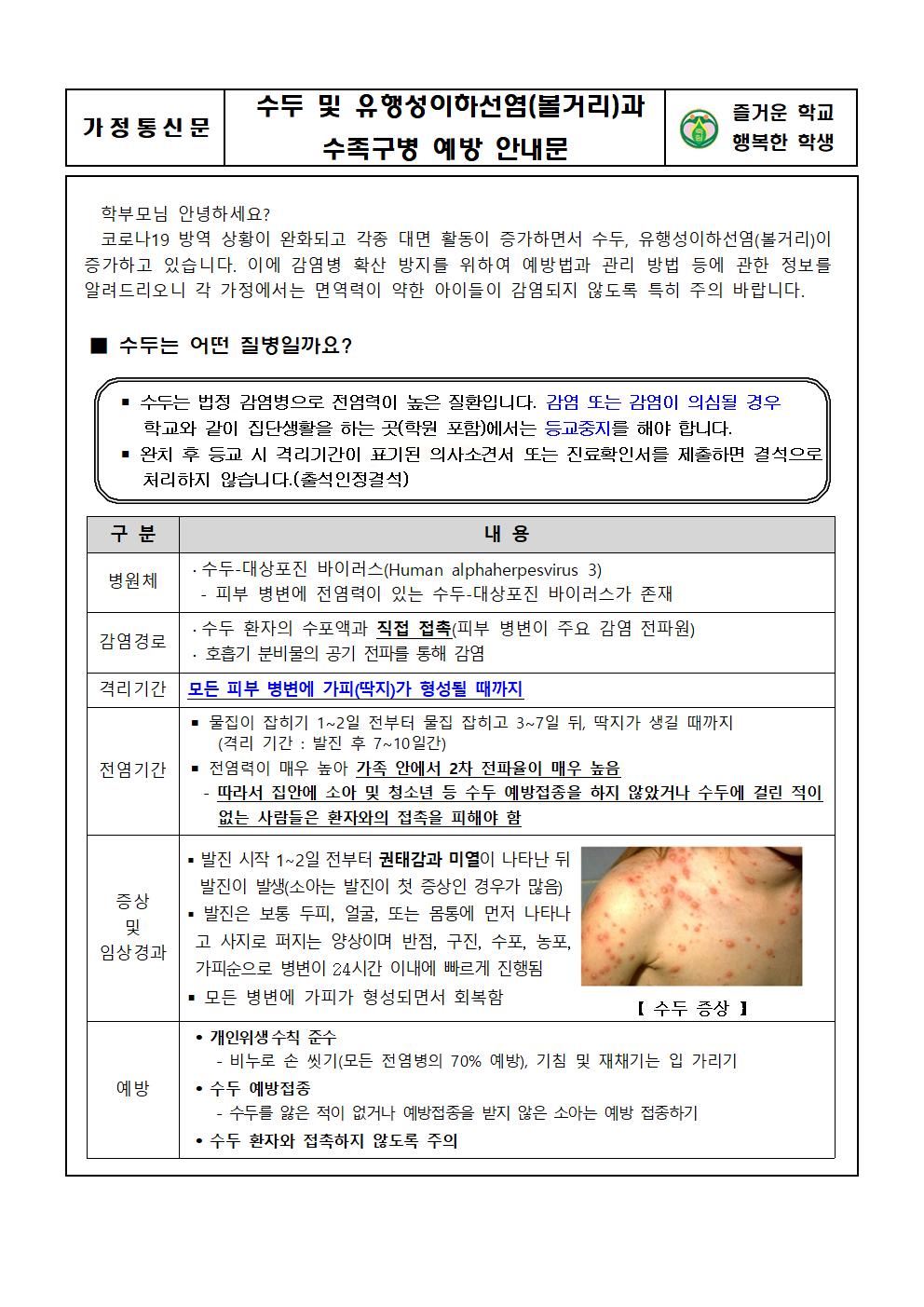 2023. 수두 및 유행성이하선염(볼거리)과 수족구병 예방 안내문001