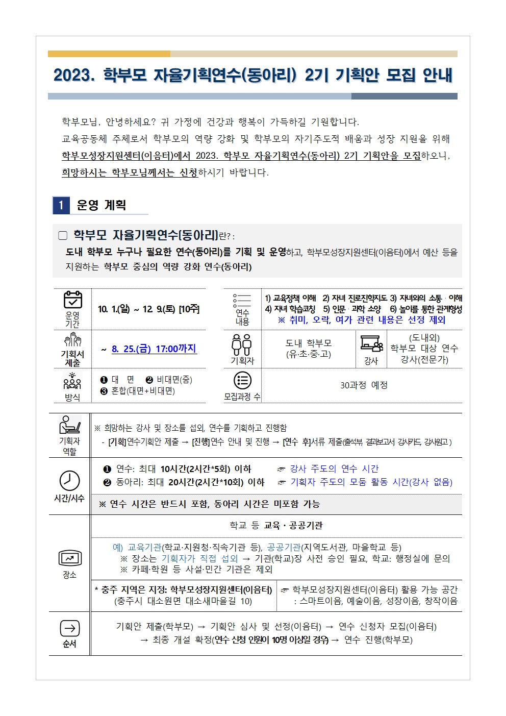 [가정통신문 예시] 2023.학부모 자율기획연수(동아리) 2기 기획안 모집 안내001