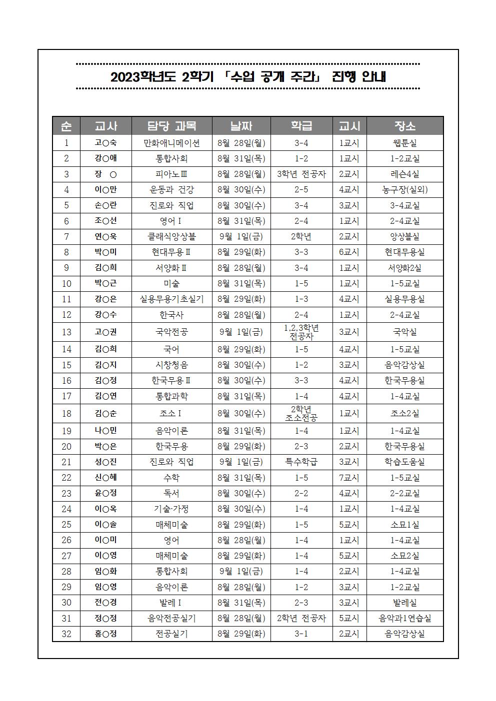 가정통신문(2023학년도 수업 공개 주간 안내)002