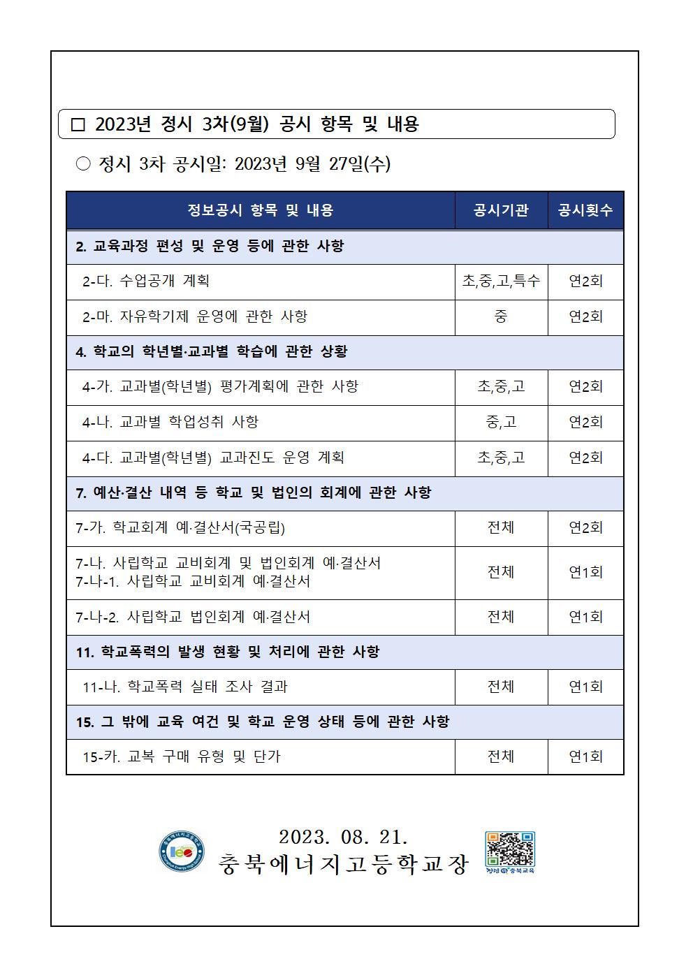 2023년 정시 3차(9월) 초중등학교 정보공시 안내 가정통신문002