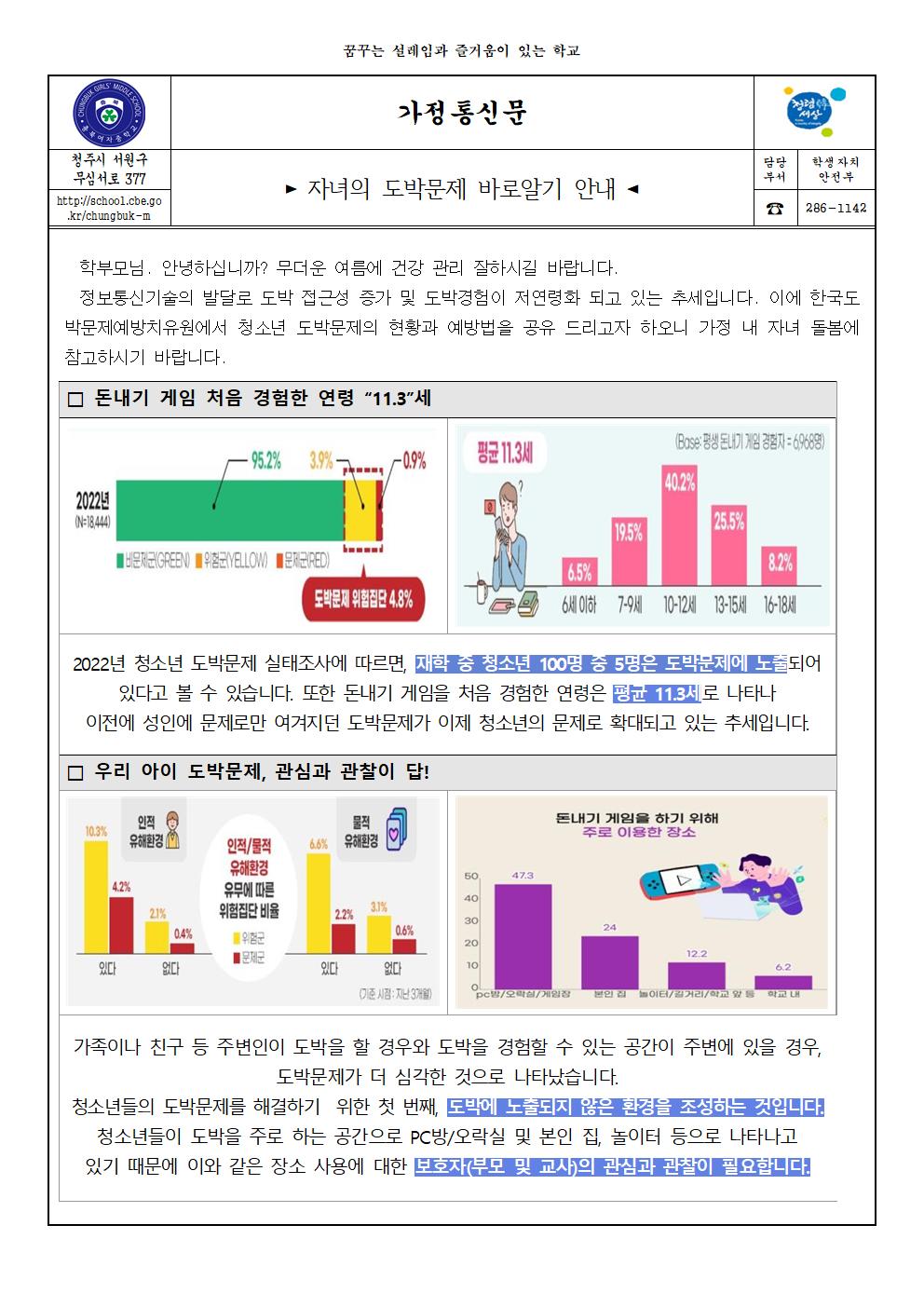 자녀의 도박문제 바로알기 가정통신문001