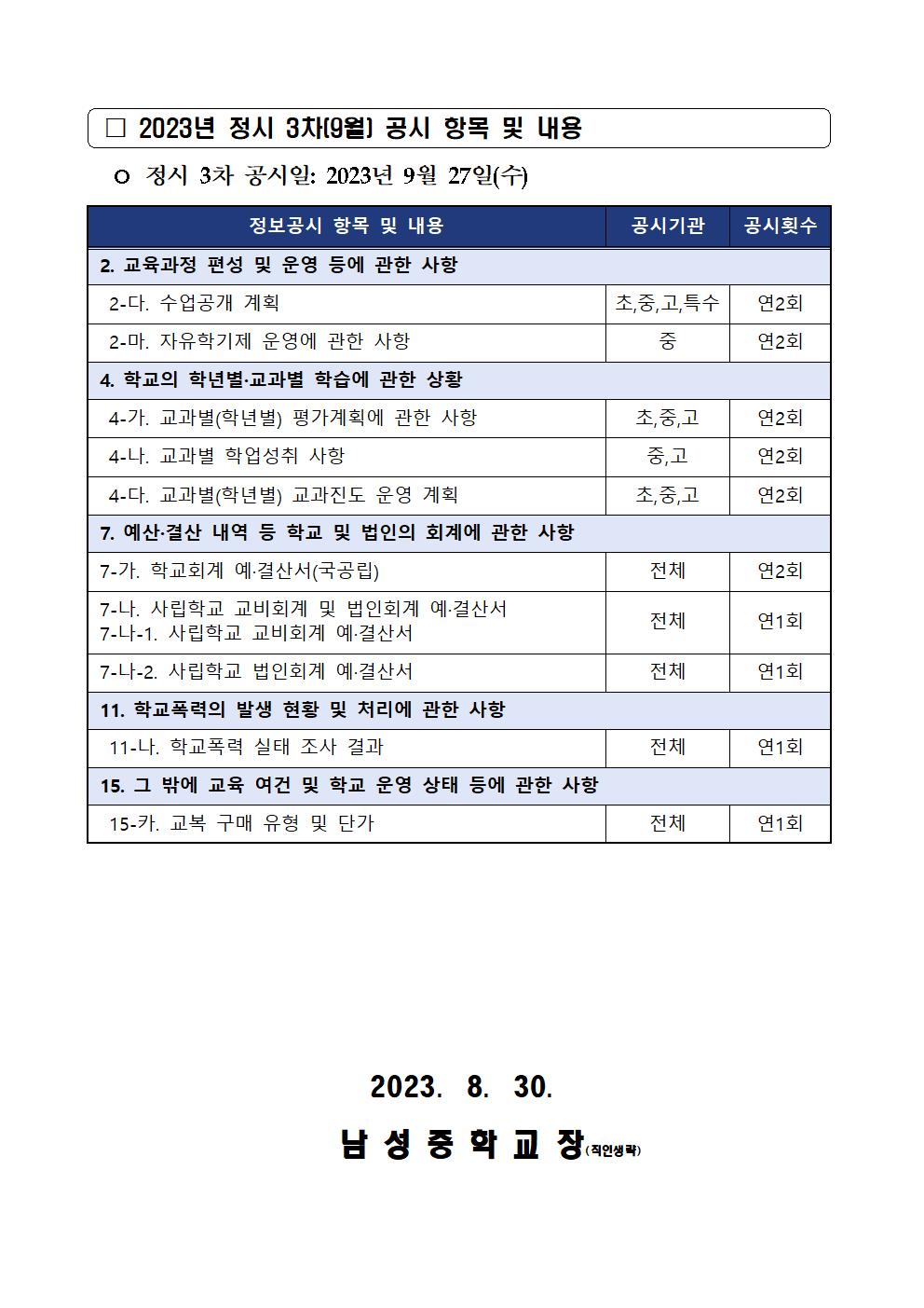 2023년 정시 3차(9월) 초중등학교 정보공시 안내 가정통신문002