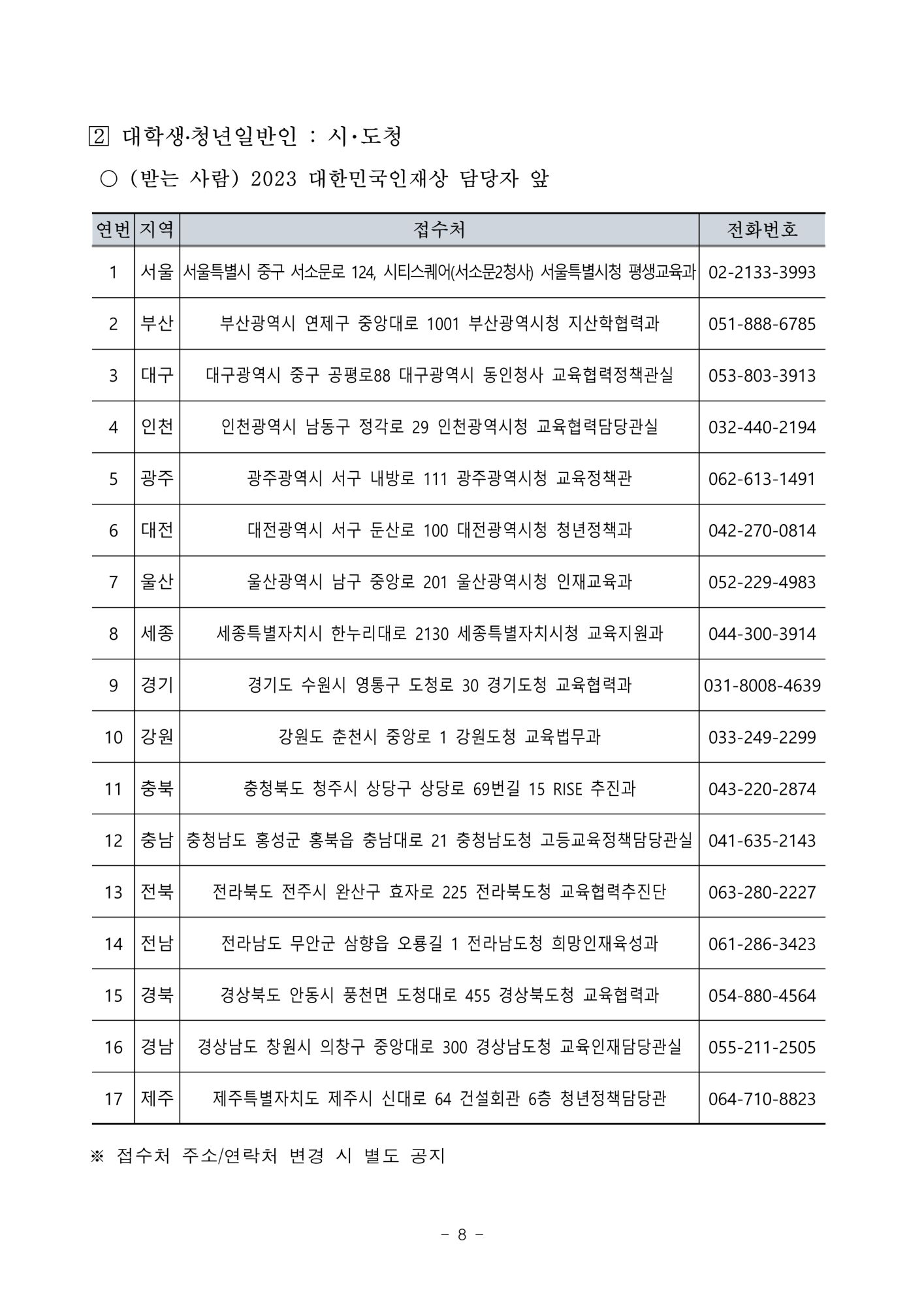 충청북도교육청 중등교육과_2. 2023년 대한민국 인재상 선발 공고문_8