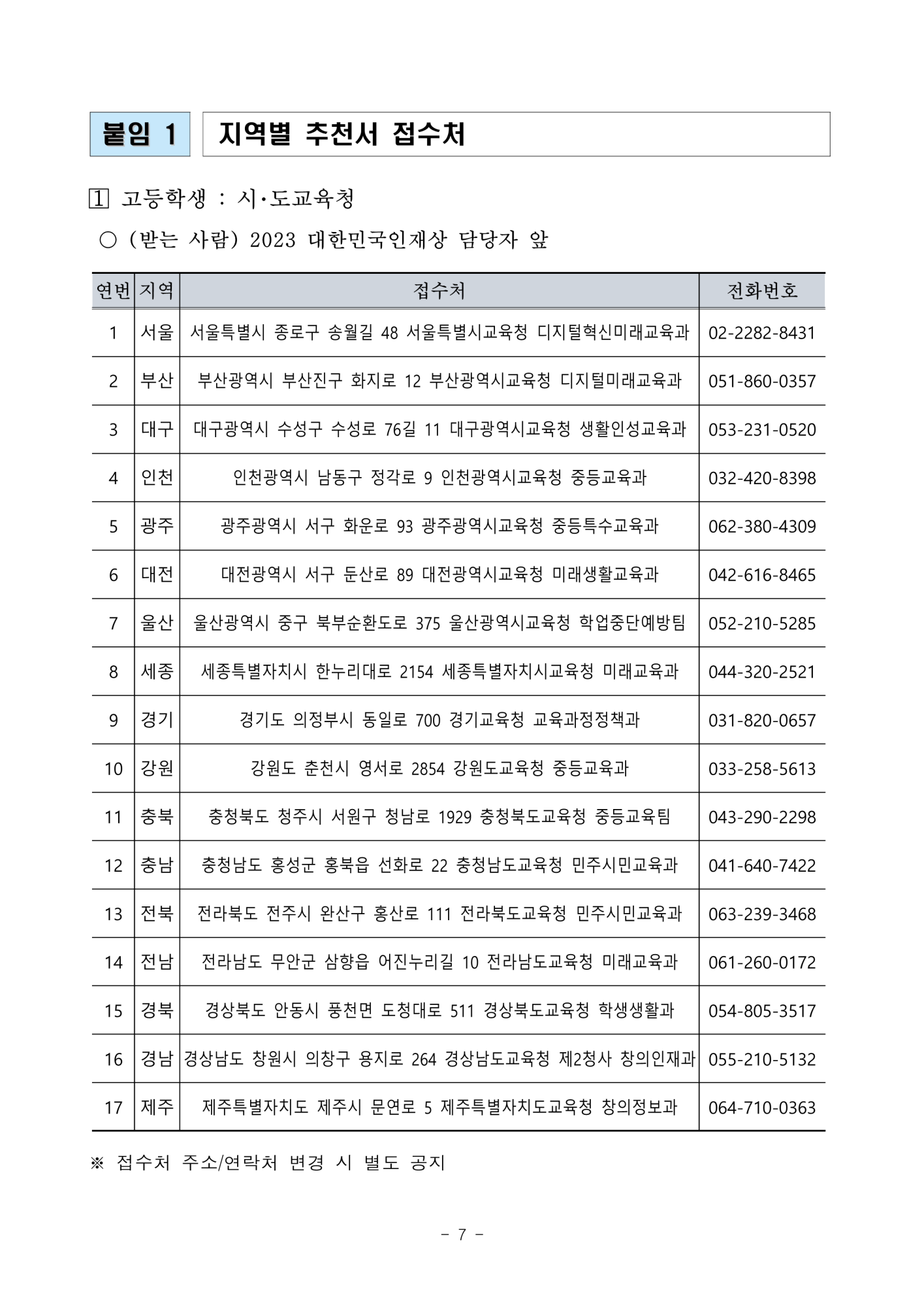 충청북도교육청 중등교육과_2. 2023년 대한민국 인재상 선발 공고문_7