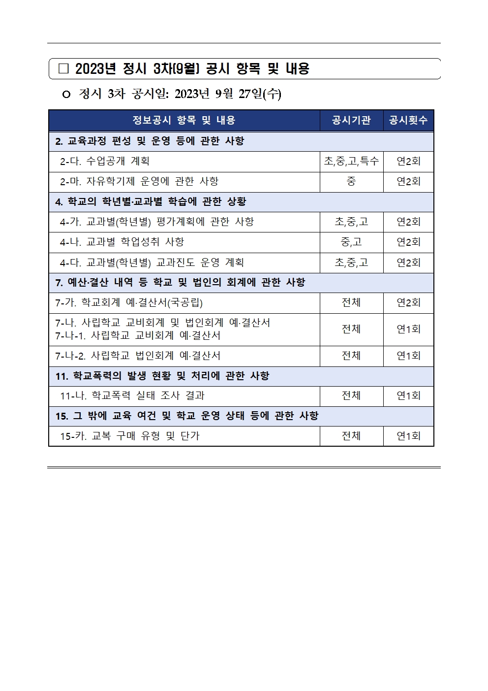2023년 정시 3차(9월)초중등학교 정보공시 안내(가정통신문)002