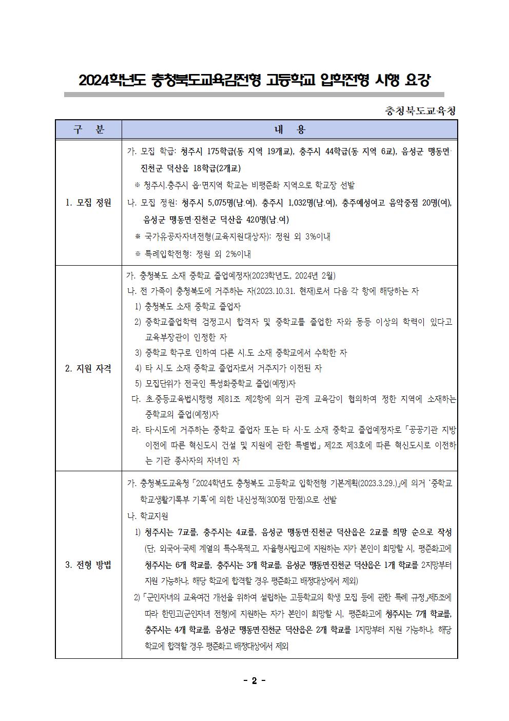 2024학년도 충청북도교육감전형 고등학교 입학전형 시행 요강002