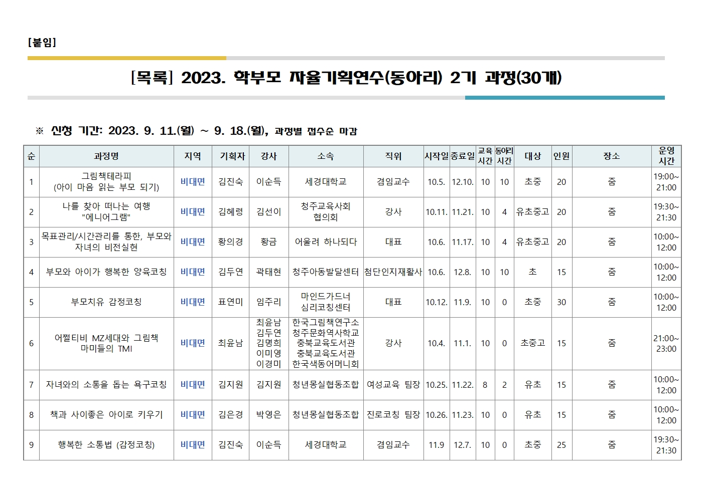 2023. 학부모 자율기획연수(동아리) 2기 과정(30개) 신청 안내002