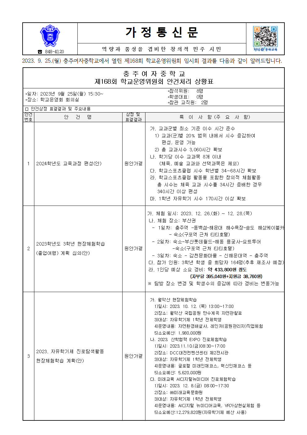 가정통신문-제168회 임시회(안건처리 결과 홍보)001