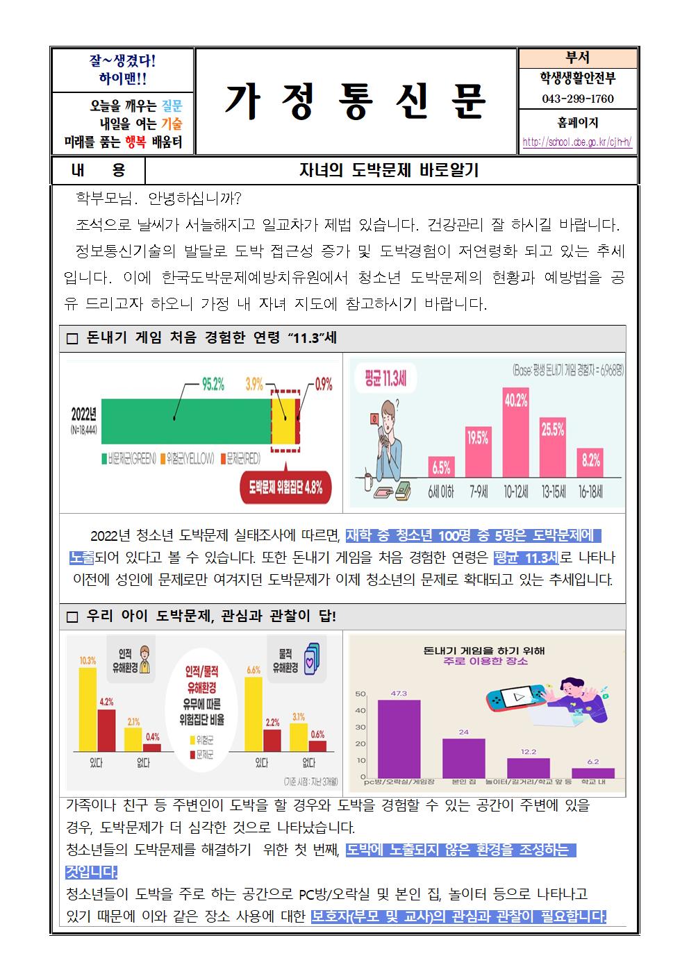 2023학년도 2학기 자녀의 도박문제 바로알기 가정통신문001