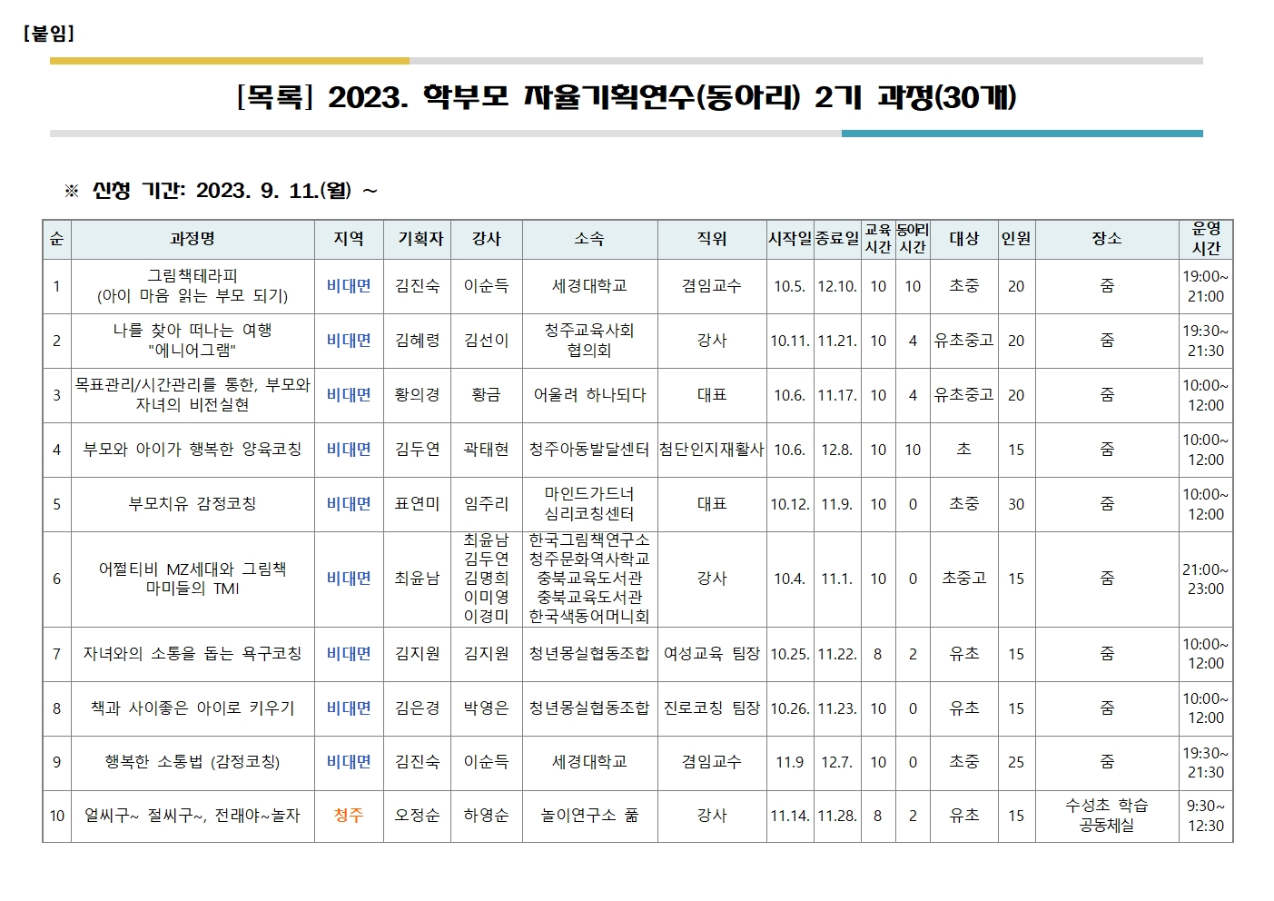 2023. 학부모 자율기획연수(동아리) 2기 30개 과정 신청 안내 가정통신문002