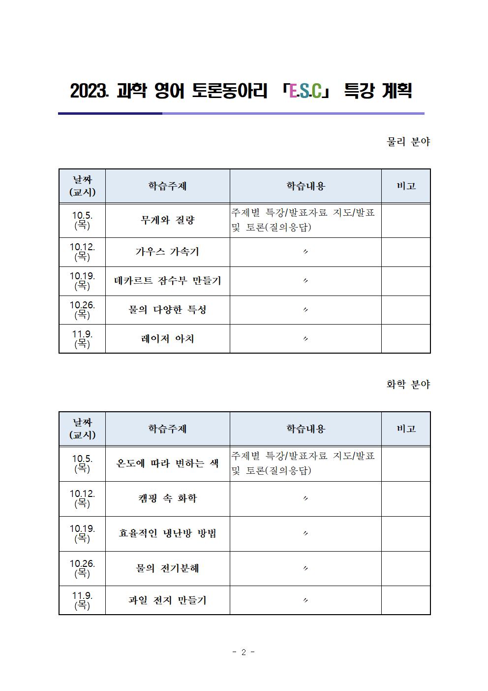 2023. 과학 영어 토론동아리 「E.S.C」 운영 계획001002