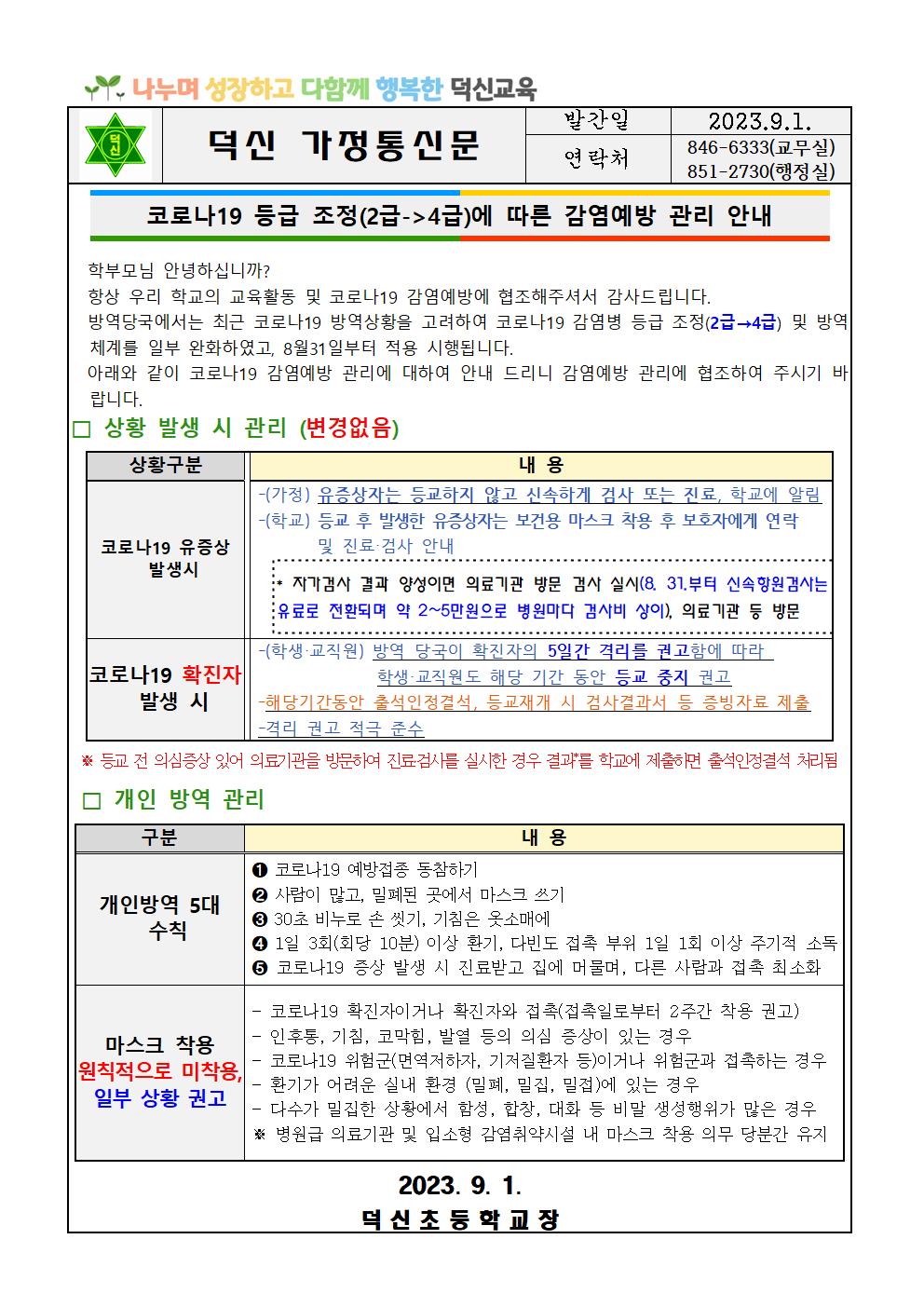 코로나19 등급조정에 따른 감염예방 안내문001