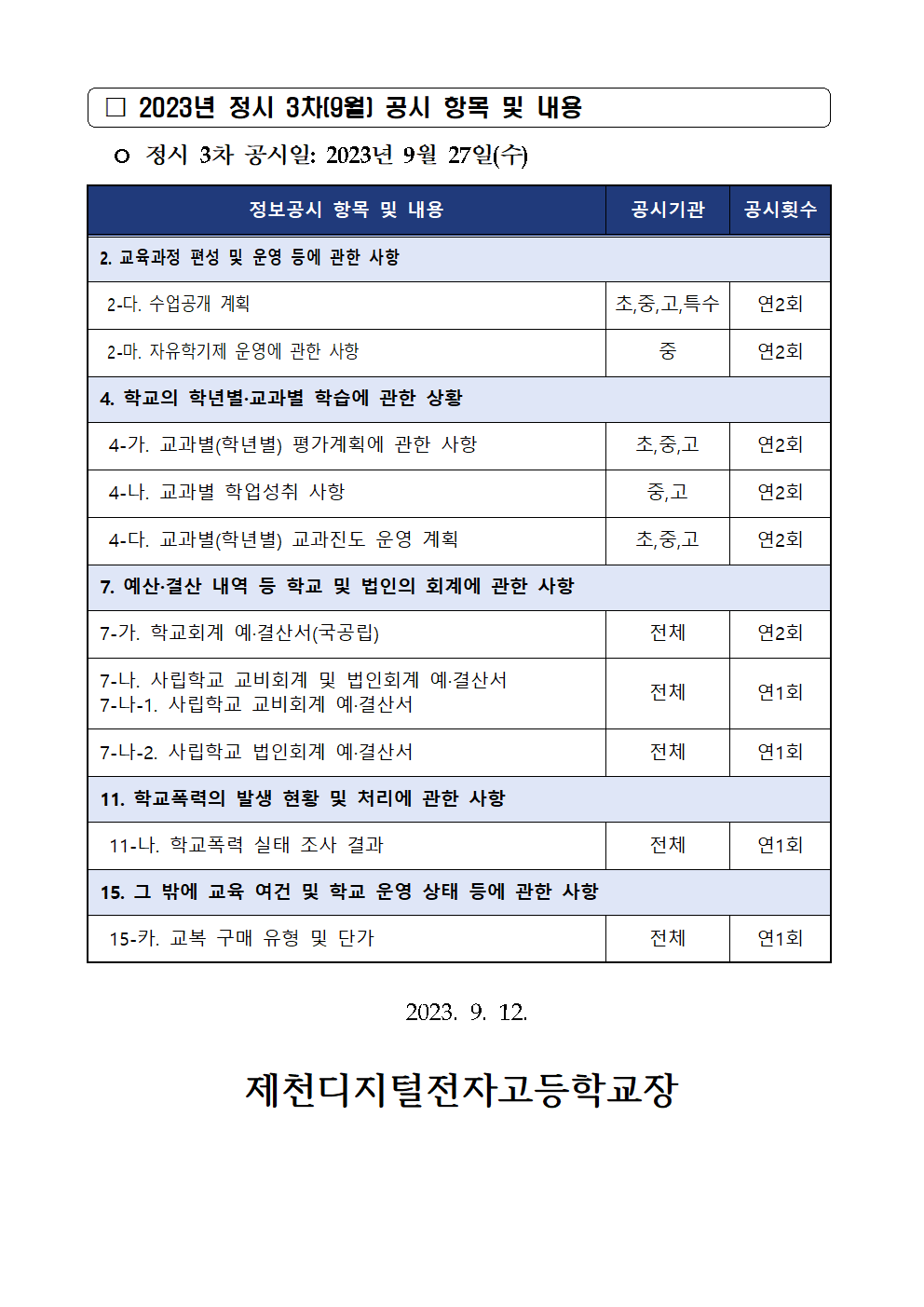 2023년 정시 3차(9월) 초중등학교 정보공시 안내 가정통신문002