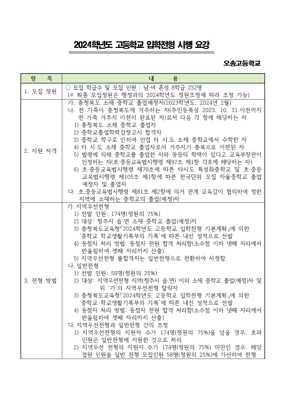 2024학년도 오송고등학교 입학전형 시행 요강001