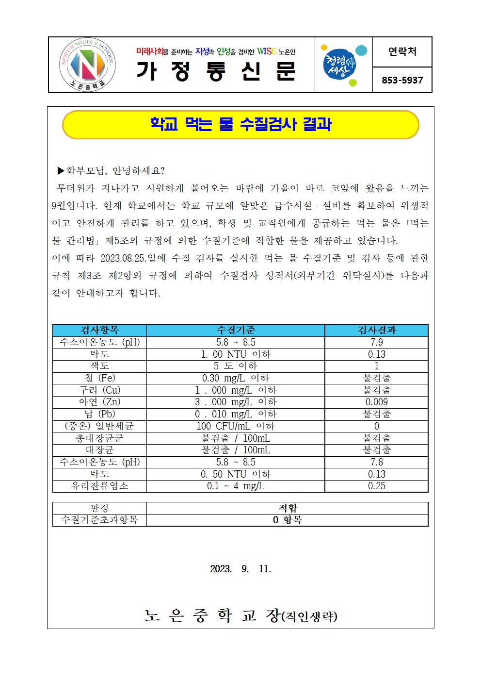 2023. 학교 먹는 물 위생관리 강화 계획 수질검사 결과 가정통신문001