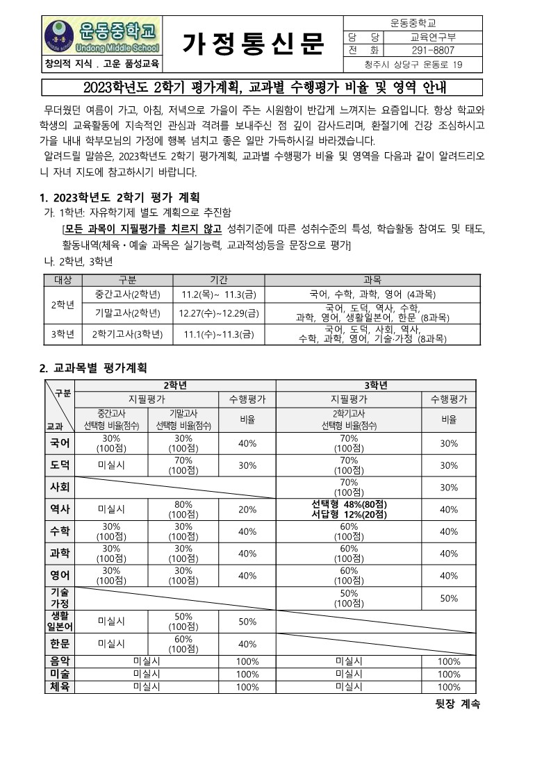 2023. 2학기 평가계획, 교과별 수행평가 비율 및 영역 안내 가정통신문_1