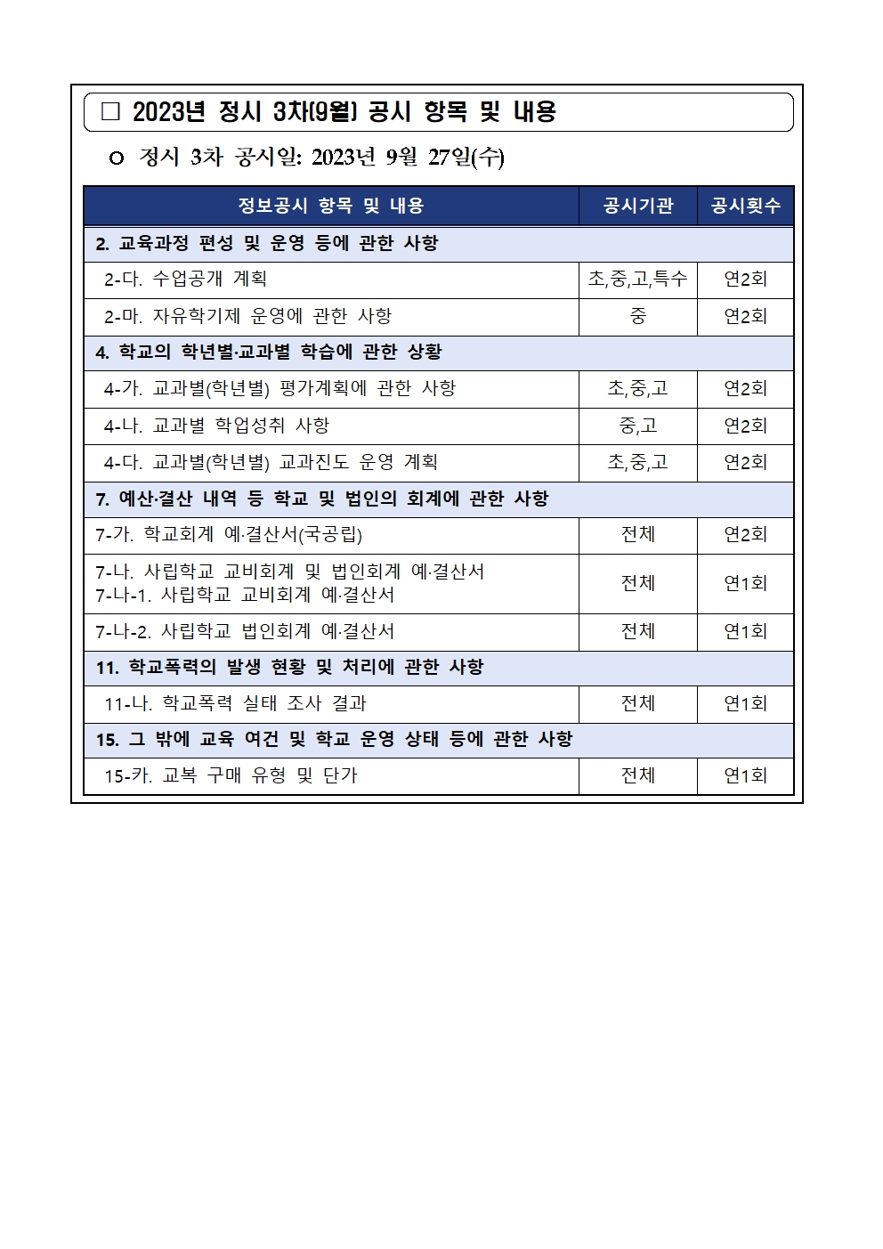 2023년 정시 3차(9월) 정보공시 안내 가정통신문002