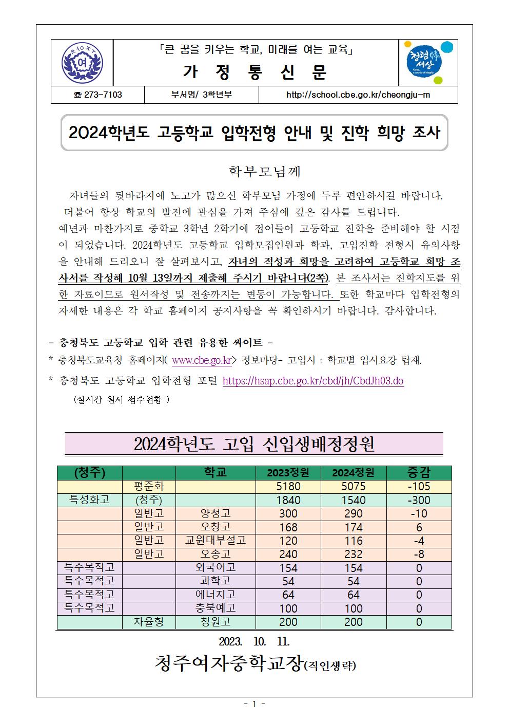 2024학년도 고등학교 입학전형 안내 및 진학 희망 조사 가정통신문(최종)001