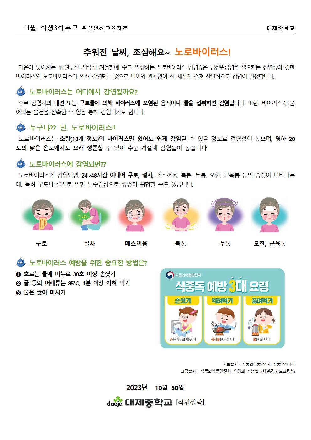 [가정통신문]11월 학생&학부모(위생교육) 추워진 날씨, 조심해요 노로바이러스001