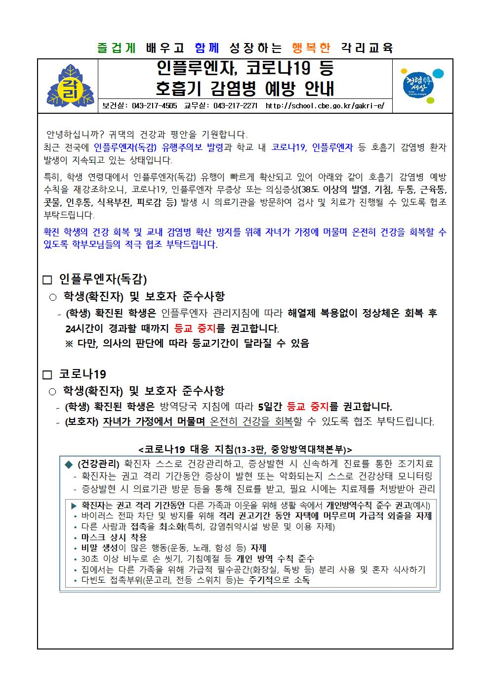 인플루엔자. 코로나19 등 호흡기 감염병 예방 안내001