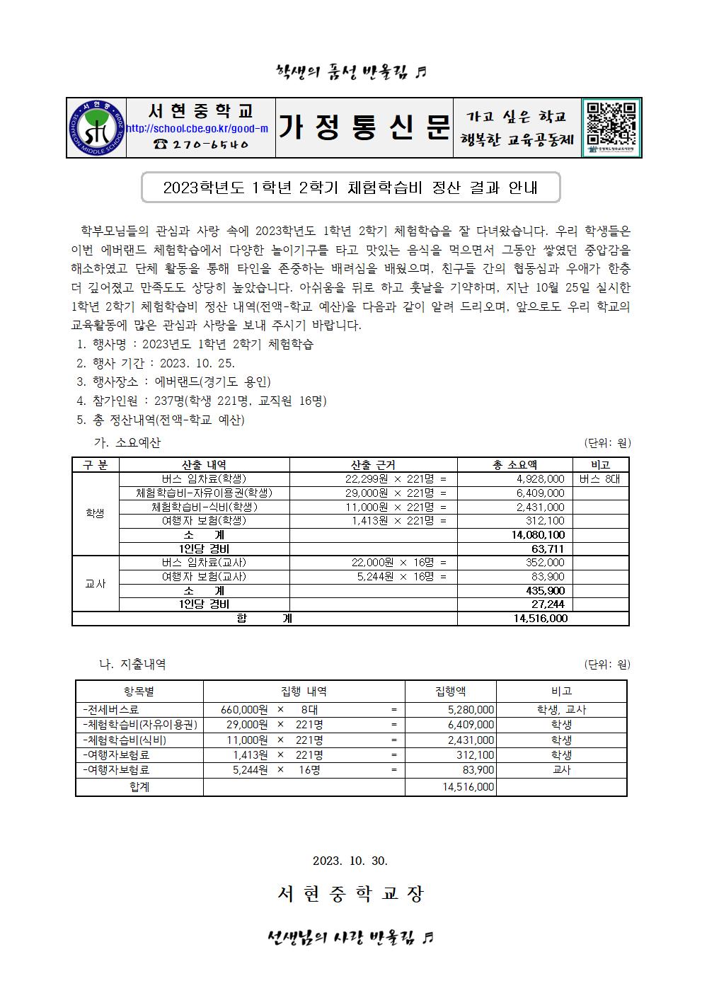 가정통신문(2023. 1학년 2학기 체험학습비 정산 결과 안내)001