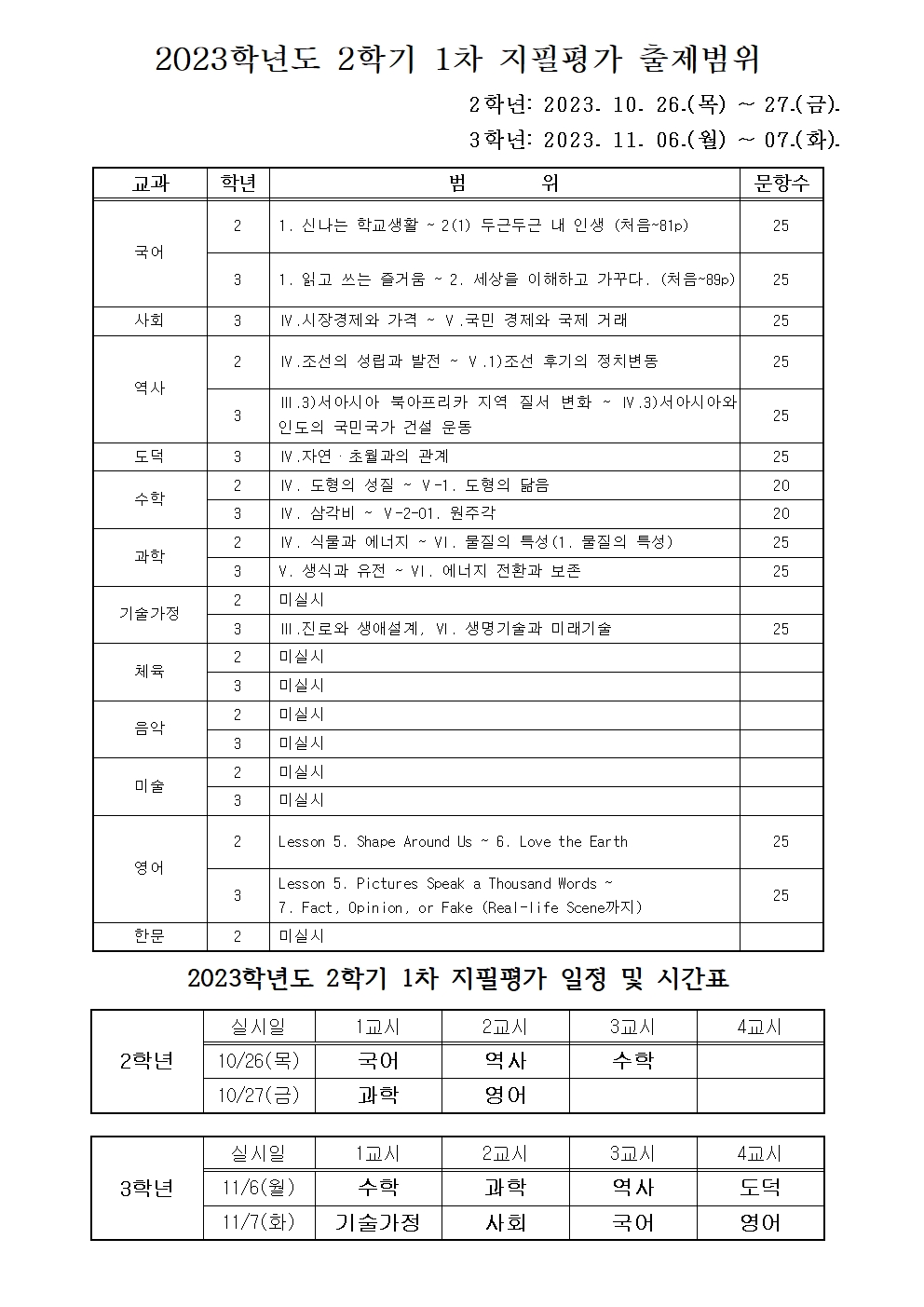 출제범위 및 시간표001