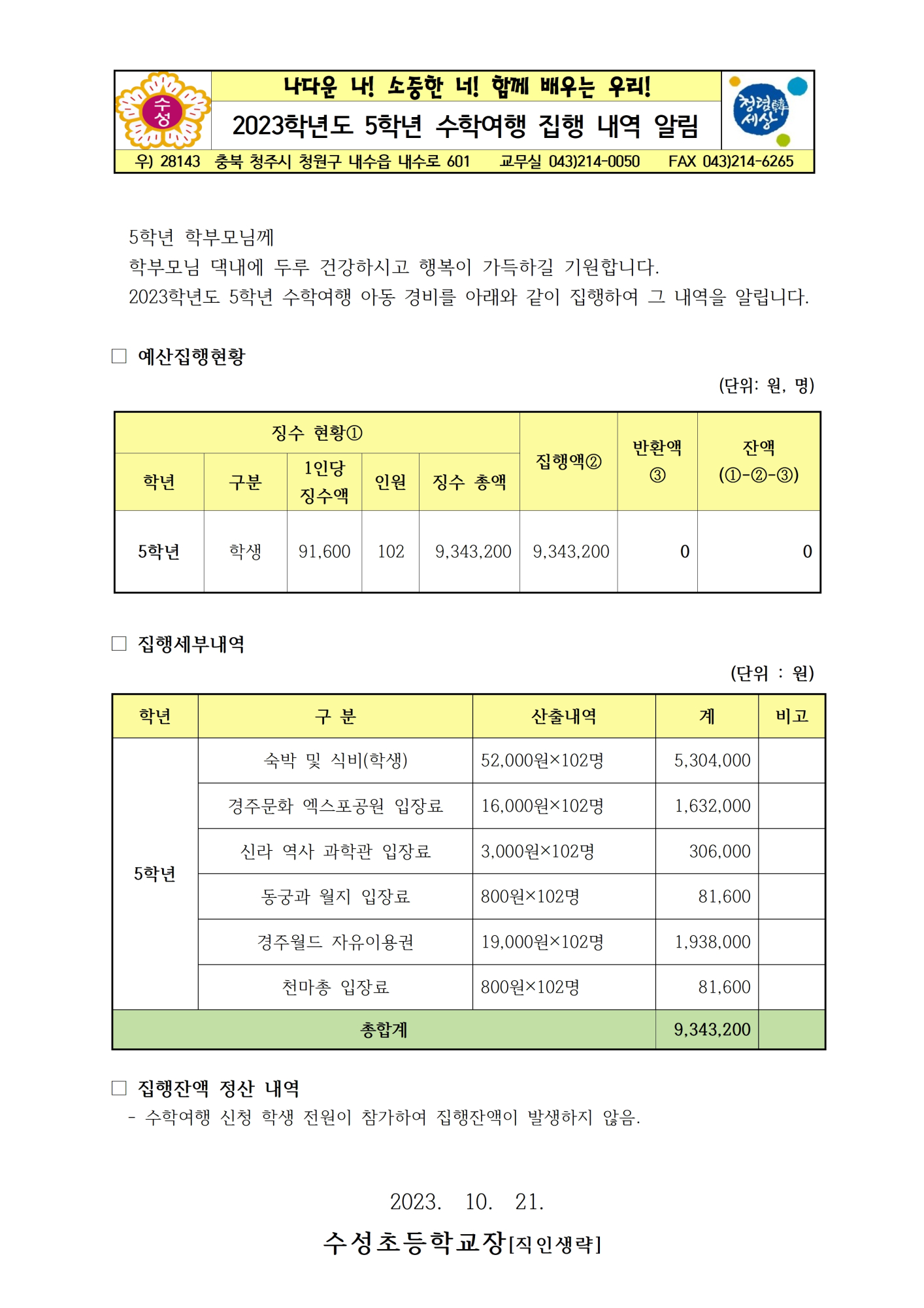 [붙임] 2023학년도 5학년 수학여행 정산 결과 안내 가정통신문001