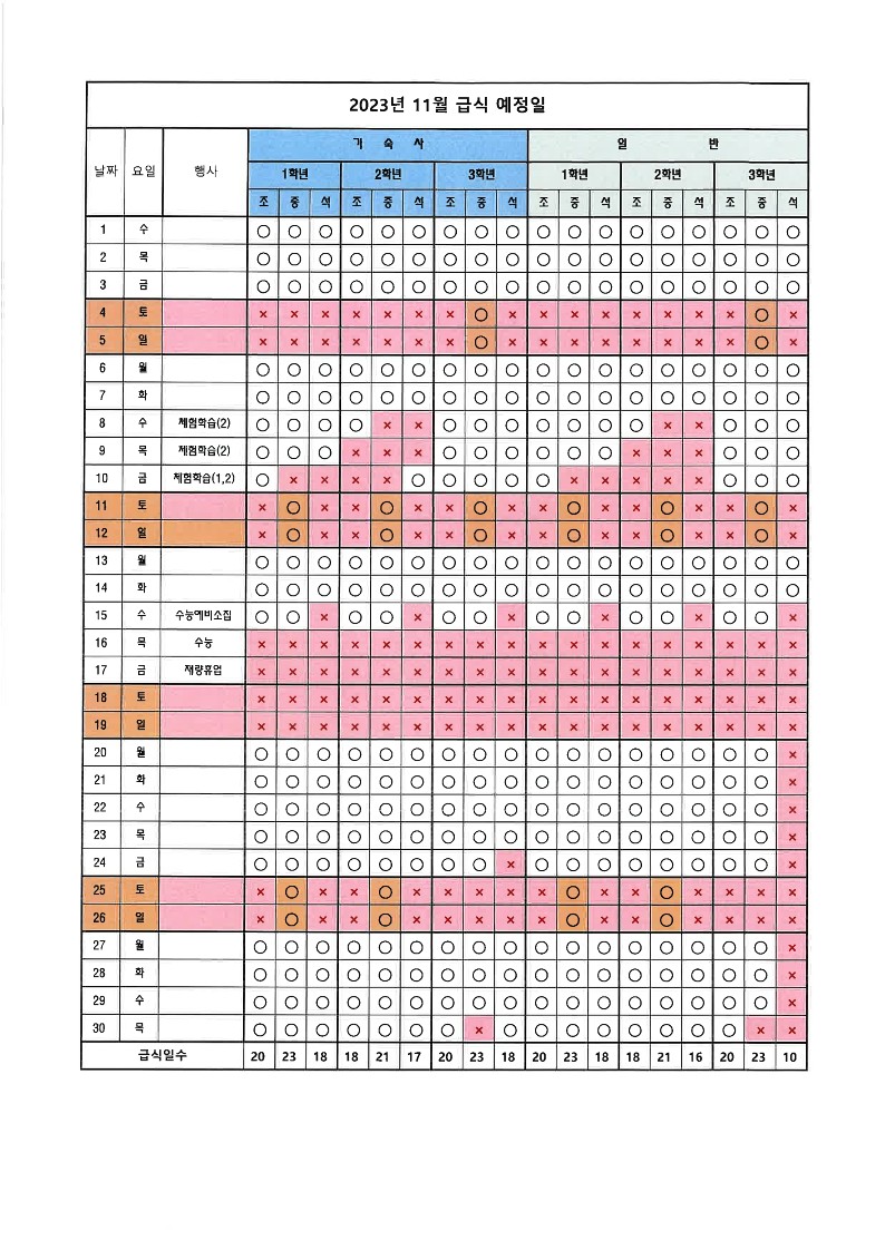 11월 급식예정일