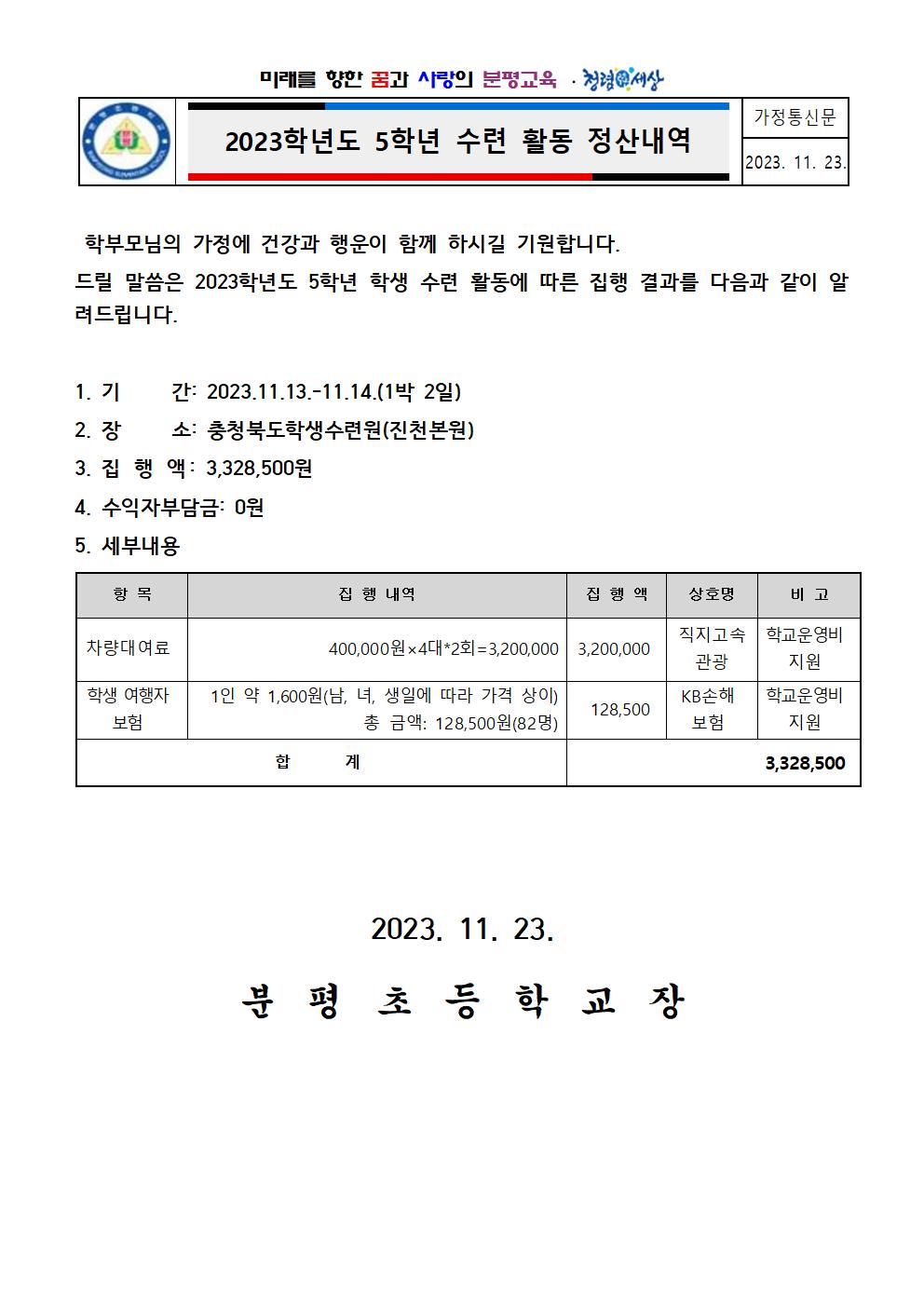 2023. 수련활동 정산내역 가정통신문001