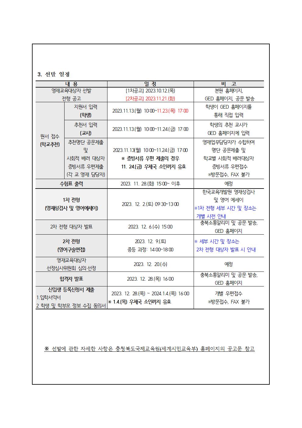 2024학년도충청북도국제교육원 부설영재교육원(청주) 영재교육대상자(중등과정) 선발 재안내 가정통신문 예시002