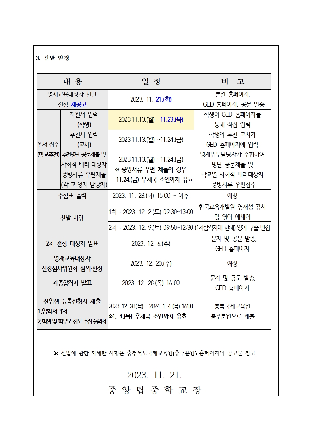 2024.충북국제교육원 부설영재교육원(충주) 영재교육대상자 추가 선발 가정통신문002