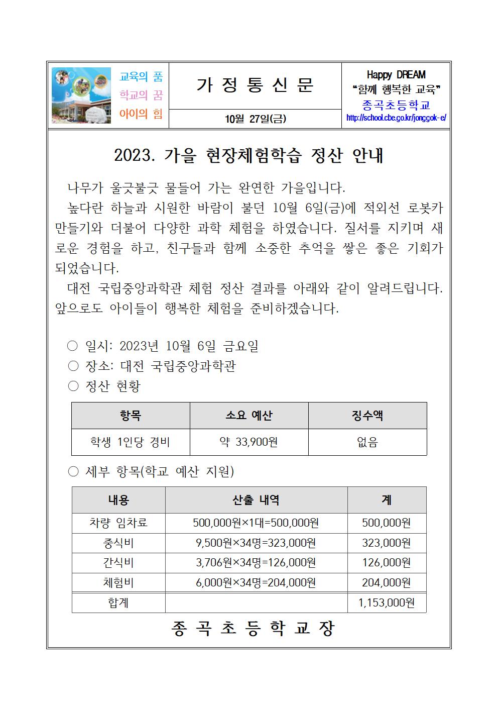 2023. 가을 현장체험학습 정산 안내001