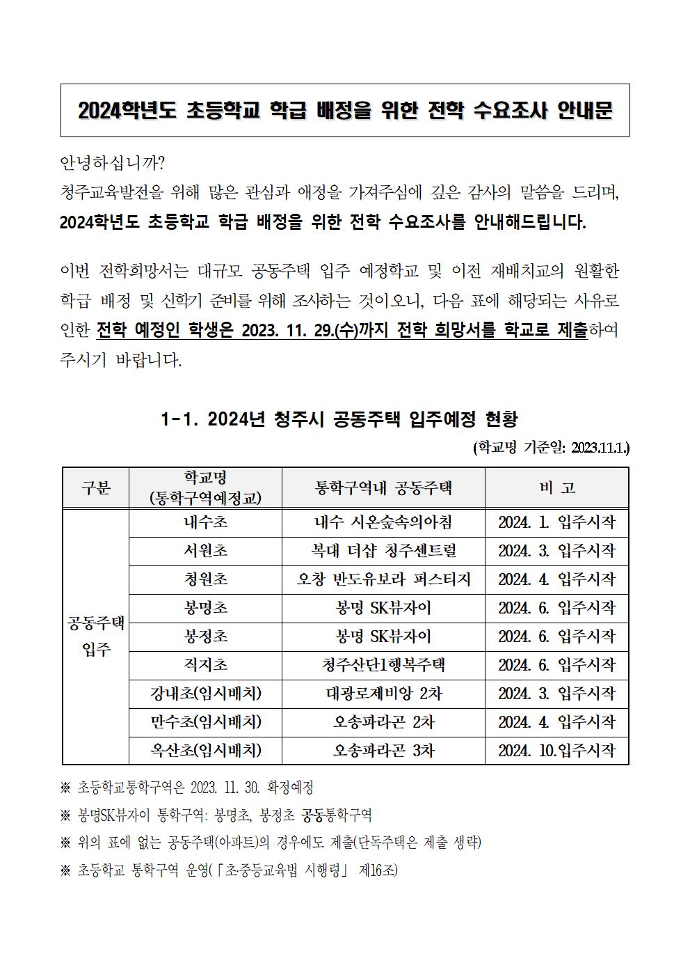 2024학년도 초등학교 학급 배정을 위한 전학 수요조사 안내문001