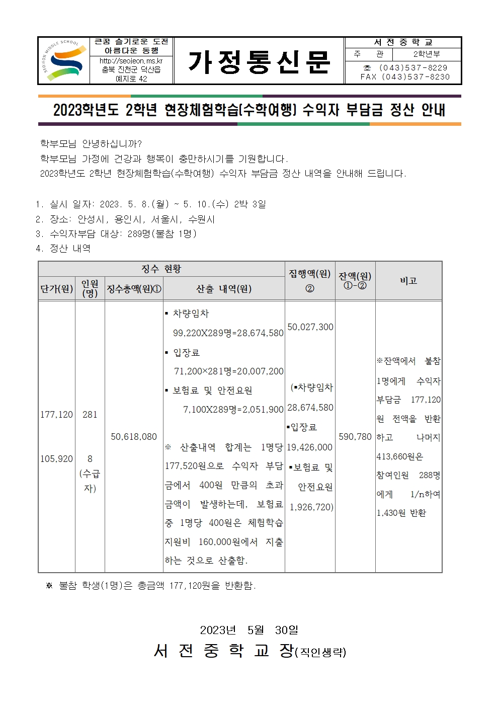 2023. 2학년 현장체험학습 수익자 부담금 정산 안내 가정통신문001