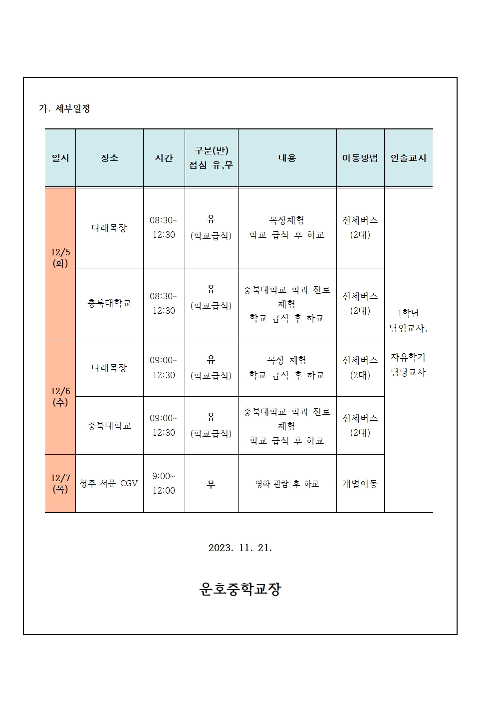 2023. 자유학기 2차 진로체험 가정통신문002