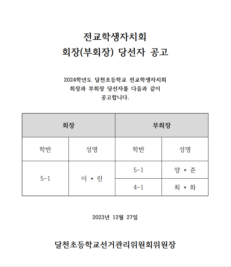 2024. 전교학생자치회 회장(부회장) 당선자 공고