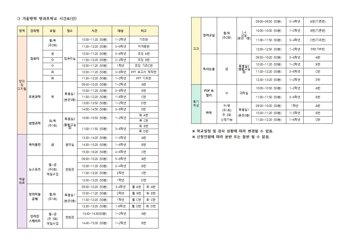 겨울방학 방과후 시간표(최종)001