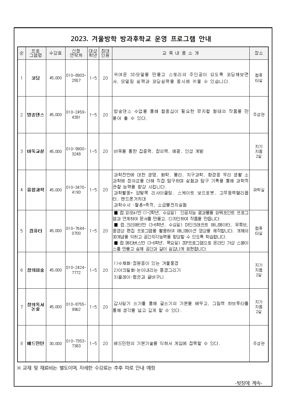 2023. 겨울방학 방과후학교 프로그램 신청 안내문002