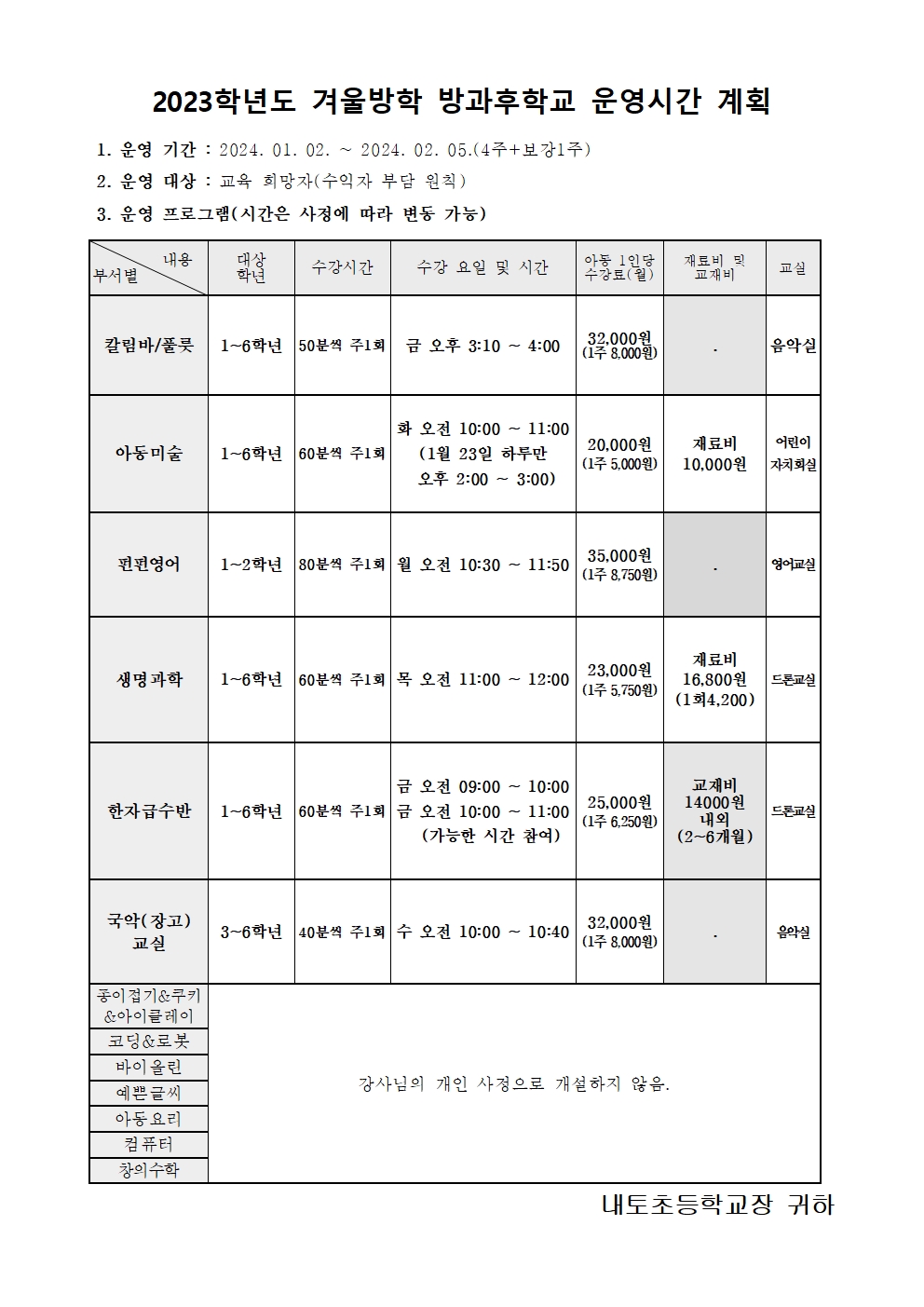 2023학년도 겨울방학 방과후학교 안내 가정통신문002